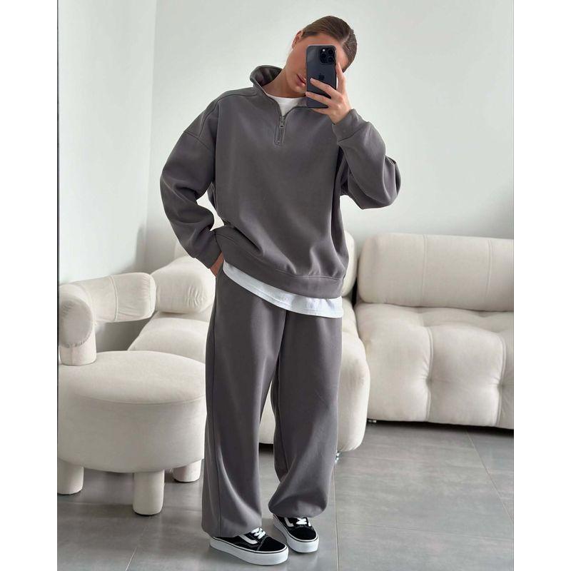 

Европейская и американская мода Повседневный свободный комплект топ и брюки на половину молнии Комплект топ и брюки на половину молнии Gray M