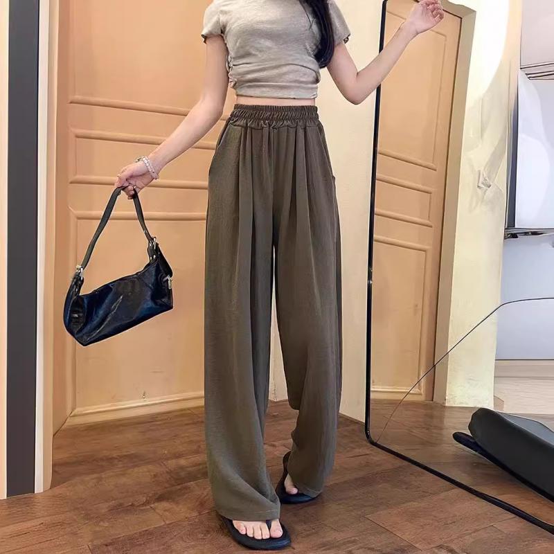 Women Ankle-Length Wide Leg Pants Casual Summer Solid Elastic Waist Loose Ice Silk Pants Spring Summer Female Trousers