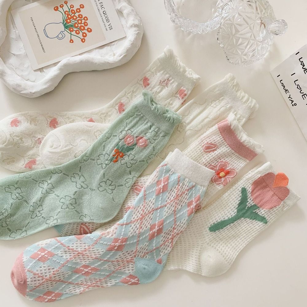 6 Pairs Flower Pattern Mesh Breathable Socks Hollow Mesh Cotton Anti-slip Summer Floral Socks Casual Breathable Middle Socks