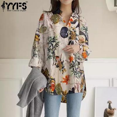 Kadın Modası Günlük İlkbahar Sonbahar Çiçek Desenli Baskı Uzun Kollu V Yaka Bluzlar ve Gömlekler