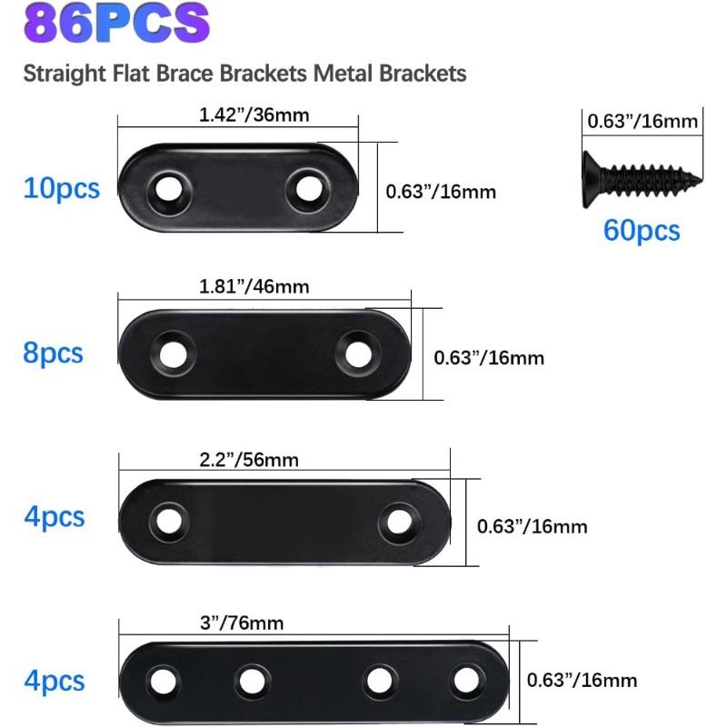 

1 Set of 86pcs Black Flat Stainless Steel Brackets with Screws, Angle Bracket Fasteners, Shelf Supports, Flat Metal Repair Plate