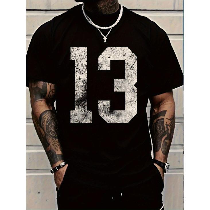 Men's Oversized T-Shirt with Large 33.02cm/13" White Number Print - Breathable Quick-Dry Fabric, Loose Fit Round Neck Casual & Party Wear, Durable 3D