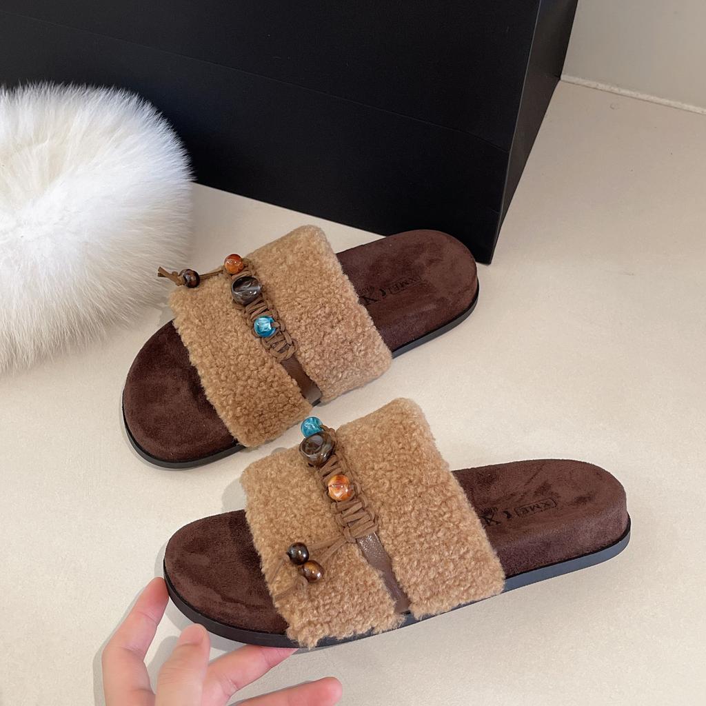 Retro tassel fluffy slippers women's 2025 autumn new outer wear casual versatile casual soft bottom lazy one-word drag