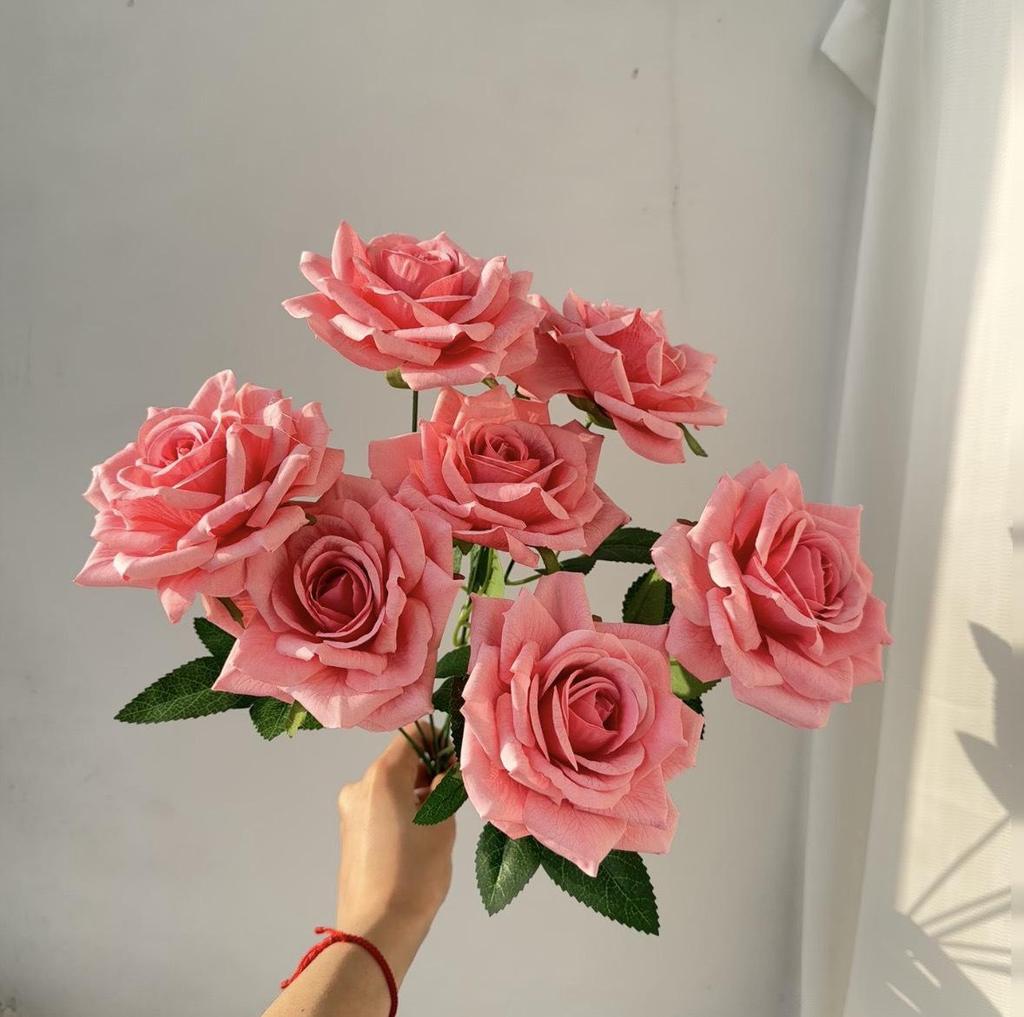 7-Head Ruffled Cappuccino Rose Bouquet - Vintage Artificial Flowers for Home or Wedding Decor