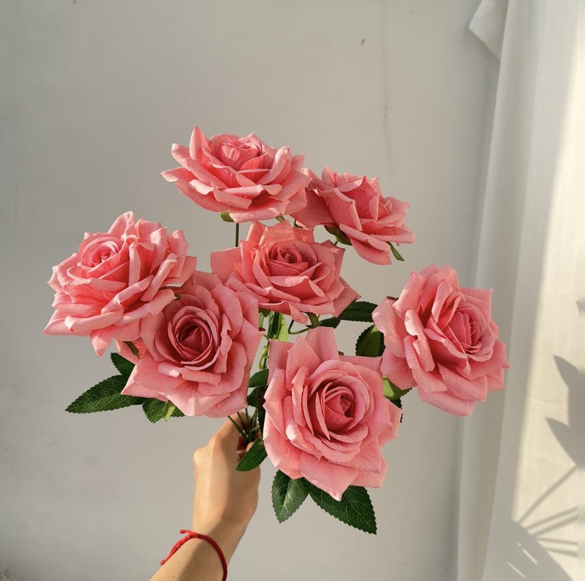 

7-Head Ruffled Cappuccino Rose Bouquet - Vintage Artificial Flowers for Home or Wedding Decor