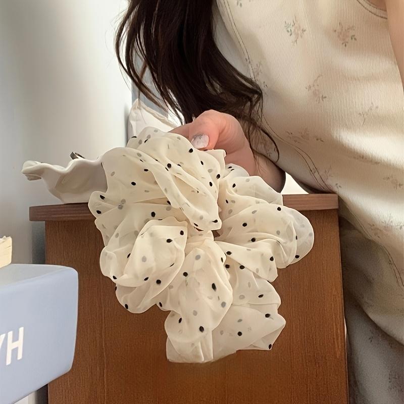Elegant Cream Polka Dot Mesh Hair Scrunchie for Women - Soft, Breathable, Non-Slip Headband with Floral Design, Perfect for Daily Hair Accessory
