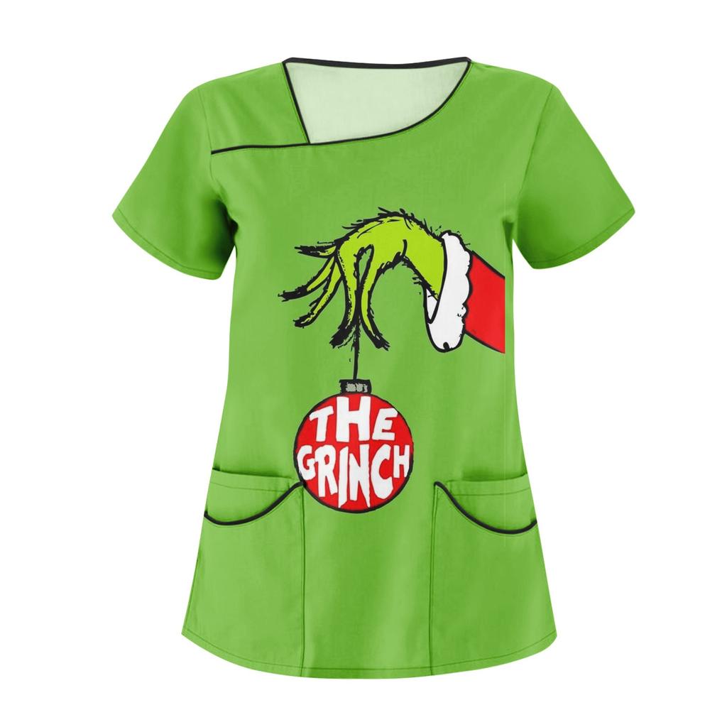 Women's Fashion Christmas Print Uniform Overalls Slanted Collar Double Pocket T-Shirt Short Sleeve Top