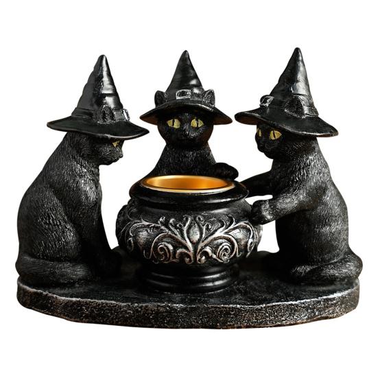 Halloween Black Cats Candle Holder Gothic Resin Cat with Witch Hat Statue Tea Light Holder for Indoor Party Mantel Coffee Table Centerpiece