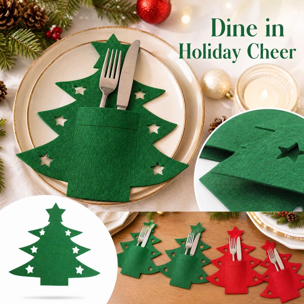 Christmas Tree Silverware Holders, Tree Cutlery Sleeves, Red and Green Christmas Tableware Mats for Holiday Dining