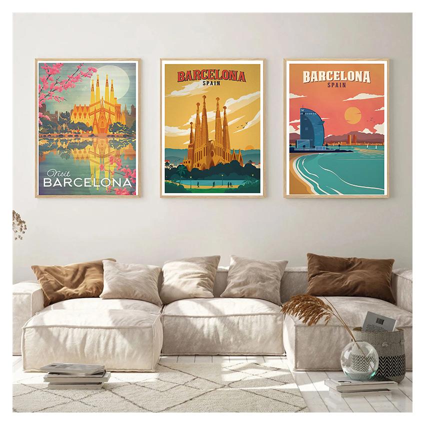 Resor Canvas Målningar Vintage Kraft Posters Belagda Väggdekaler Heminredning Familjepresent Europa Spanien Barcelona Pop Art