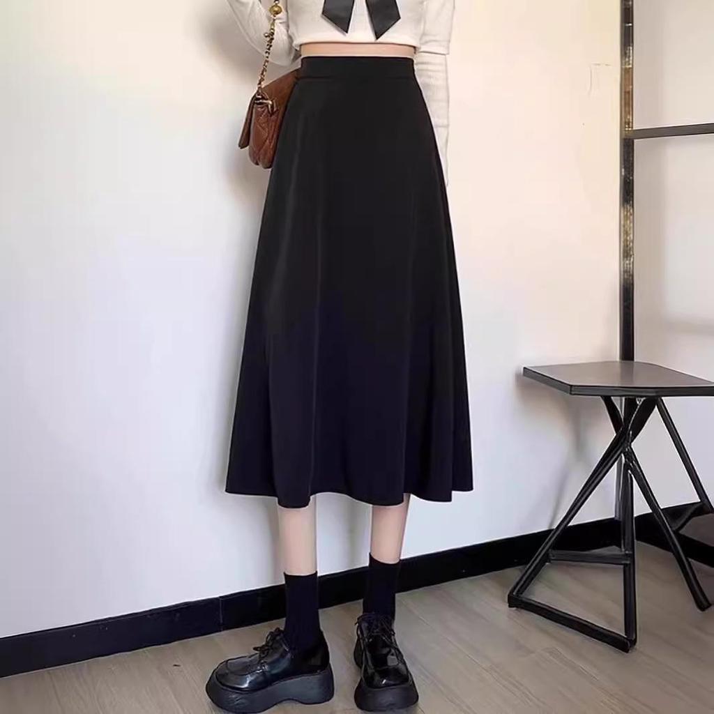 Women's 2025 High-Waisted Black A-Line Midi Skirt - Slimming, Hip-Hugging, Large Swing Umbrella Style for Summer