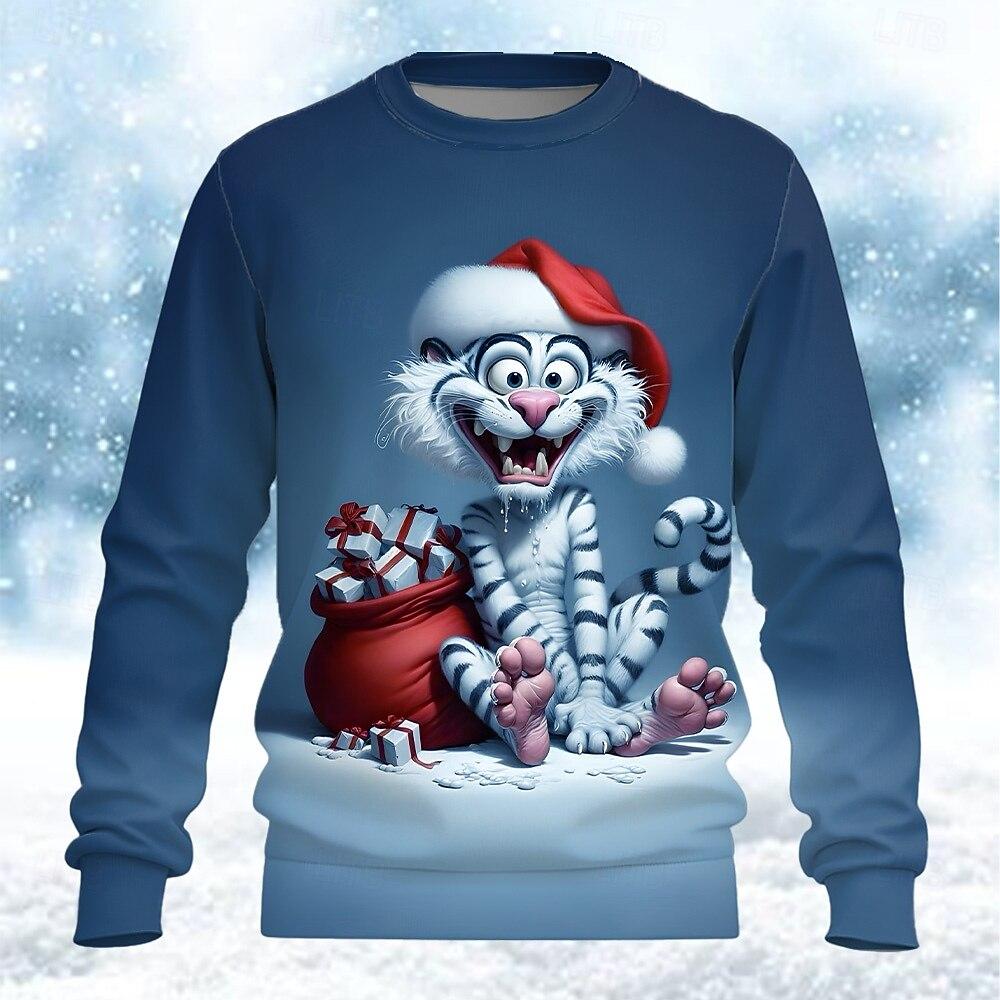 Christmas Men's Tiger Sweatshirt Cool Party Crew Neck Vacation Party Gift Red Blue Crewneck 3D Prints pullover 2025 fall winter