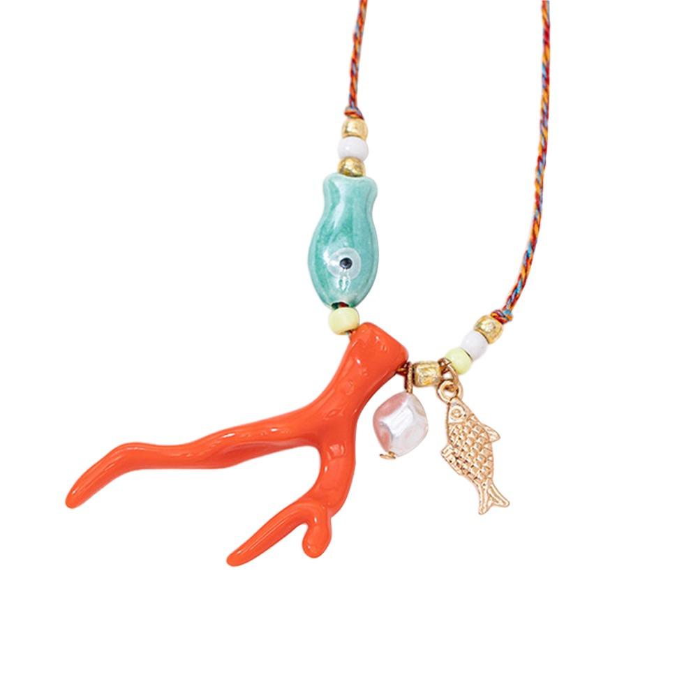 

Bohemian Style Fish Pendant Necklace Imitation Coral Fish Charm Necklace Travel Gift червоний