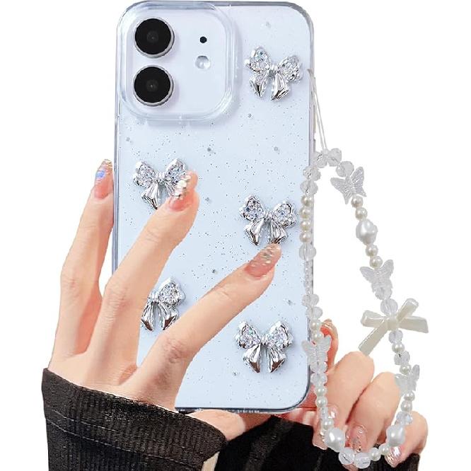 Phone Case for iPhone 14 Pro Max Clear Glitter Case Phone Charms Strap Cute Rhinestone Diamond Bow Aesthetic Girly Protective Cover for iPhone 14 Pro iPhone 11