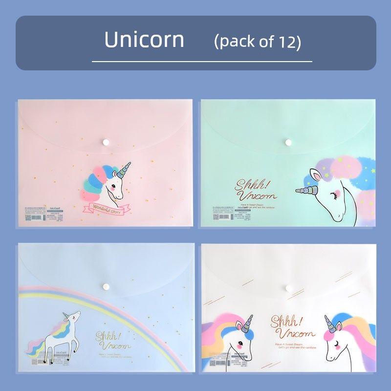 

[Leak Picking] Snap-Fastener File Bag Cute Cartoon Transparent Folder A4 Plastic Test Papers for Students Material Bag 12 Unicorns