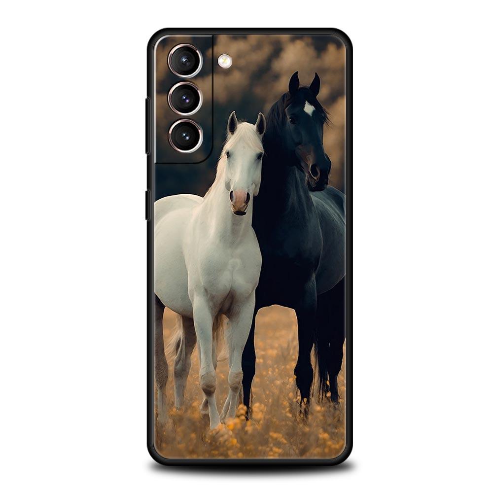 Black White Horses Galloping Phone Case For Samsung Galaxy S26 Ultra S25 Plus S24 FE S23 S22 5G S21 S20 Cover Black Soft