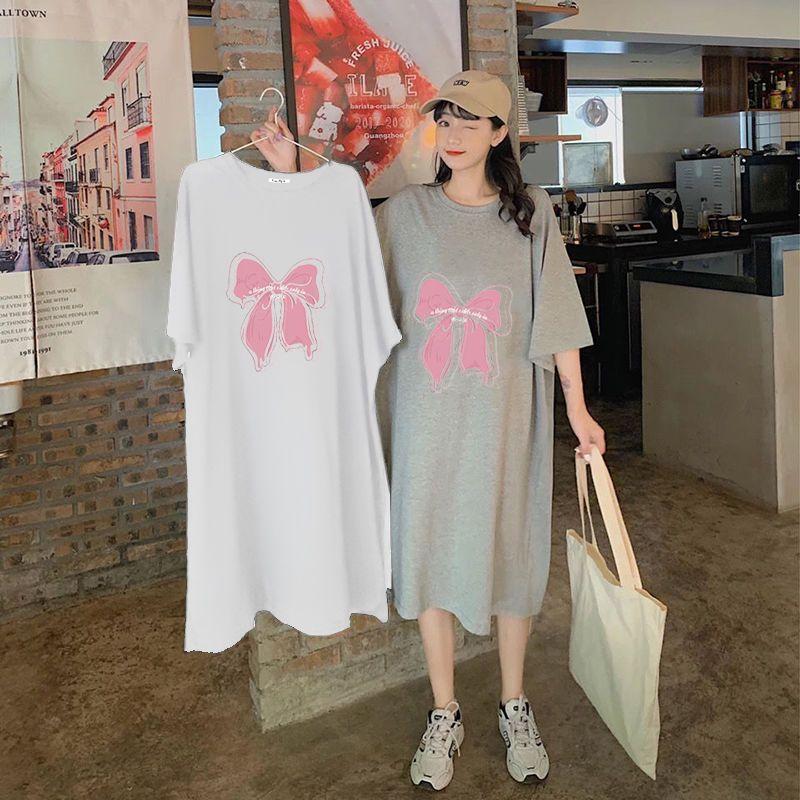 Frühlings- und Sommer Kurzarm Umstandskleid Locker zur Bauchbedeckung Mittellang Überknie Schlitz T-Shirt Kleid