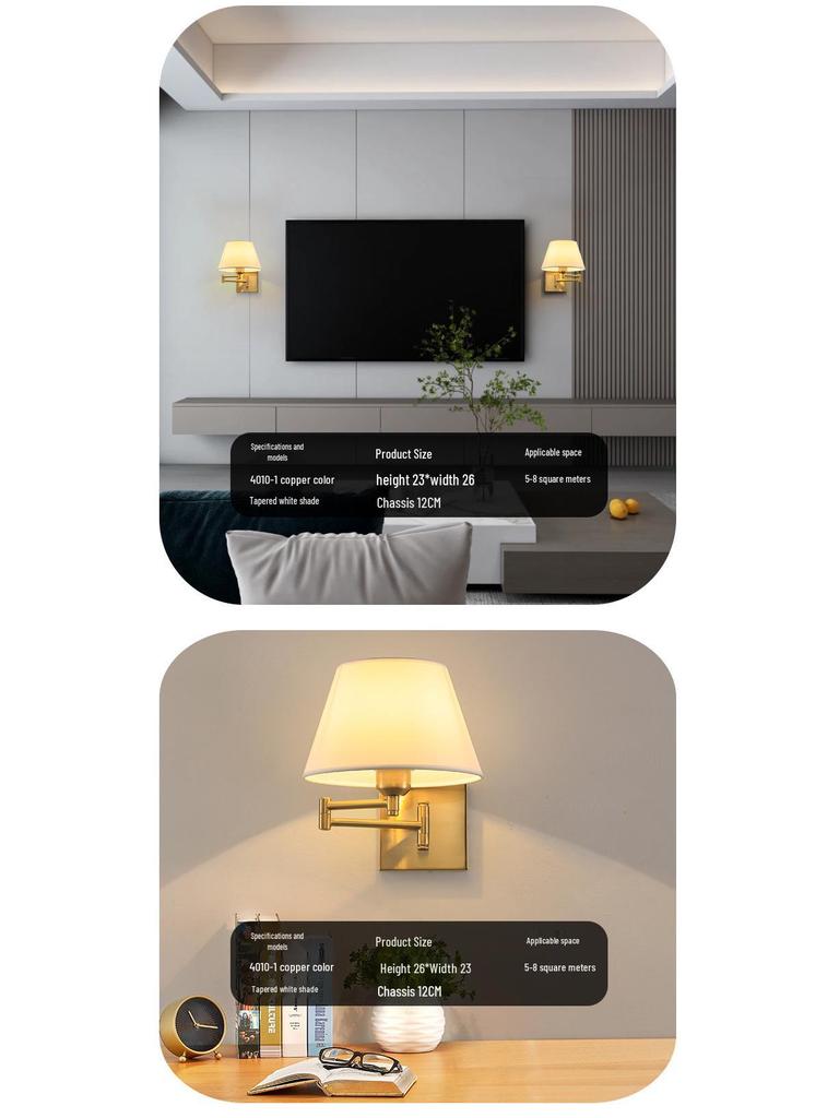 Modern LED Swing Arm Wall Light with Fabric Shade for Bedroom, Study, or Living Room.