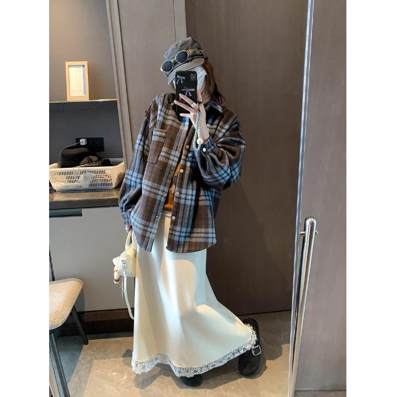 Retro Blue Plaid Fleece-Lined Shirt Jacket - Cozy Blogger Style One Size синий