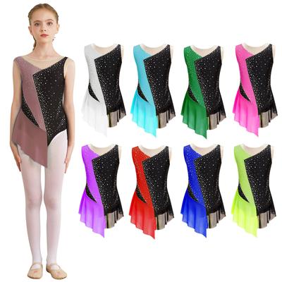 Kids Girls Stylish Dance Leotard Sleeveless Mesh Patchwork Style Rhinestone Decor Bodysuit for Skating