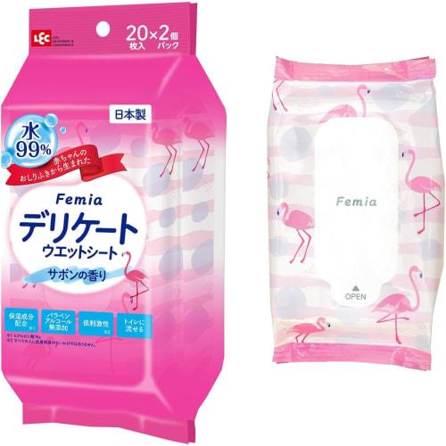 LEC Femia Women's Delicate Wet Wipes, 20 sheets x 2 packs, Sabon Scent, Flushable, Made in Japan
