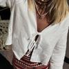 Lace Up Bow Shirts Women Loose Hollow Out V Neck Long Sleeve Tops Female Spring New Lady Streetwear Top