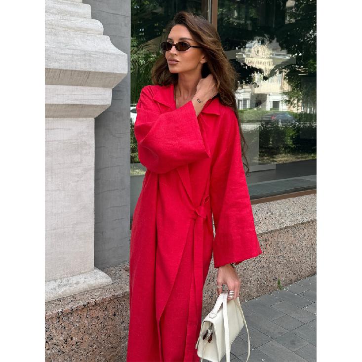 Sommer Neues Damen Stilvolles Rotes Leinen Wickel Maxi Kleid Revers Kimono Ärmel Gürtel Lange Robe Elegantes Schickes Kleid