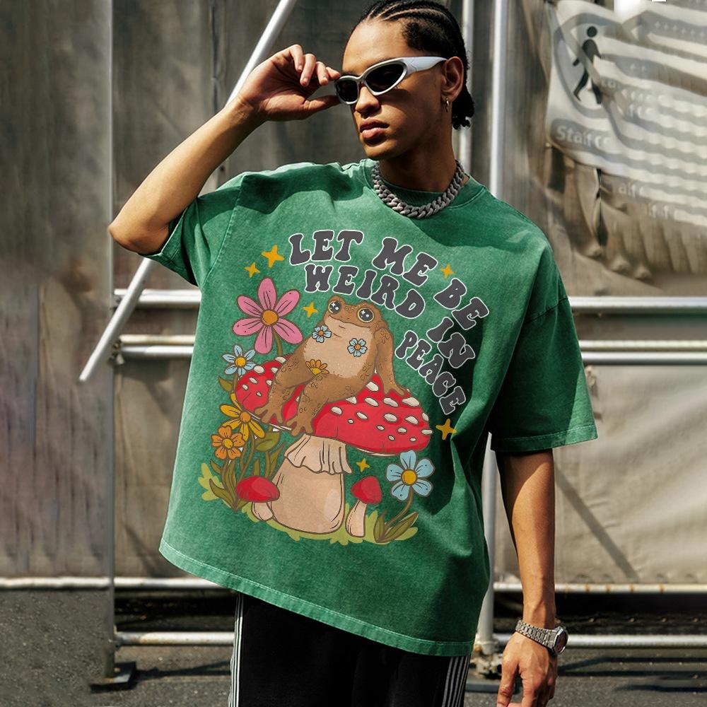Lazy Cute Frog Mushroom Flower Print T-Shirt Retro Washed De