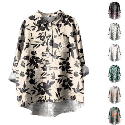 Women's Long Sleeve Shirt Button Vintage Floral Print Casual Hem Irregular Shirt Collar Top
