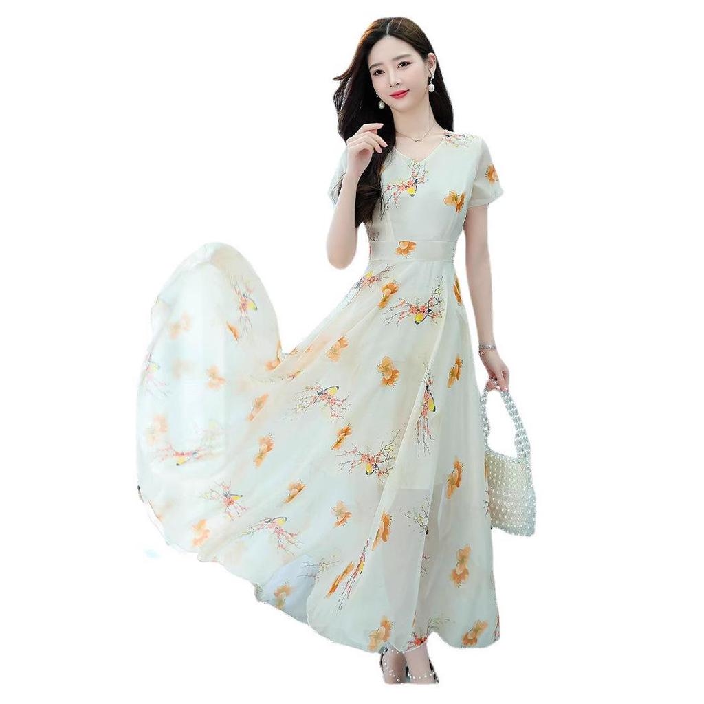 2022 წლის ზაფხულის რეტრო სტილის სლიმ-ფიტ პრინტიანი კაბა წელის ხაზგასმით და მოკლე სახელოებით