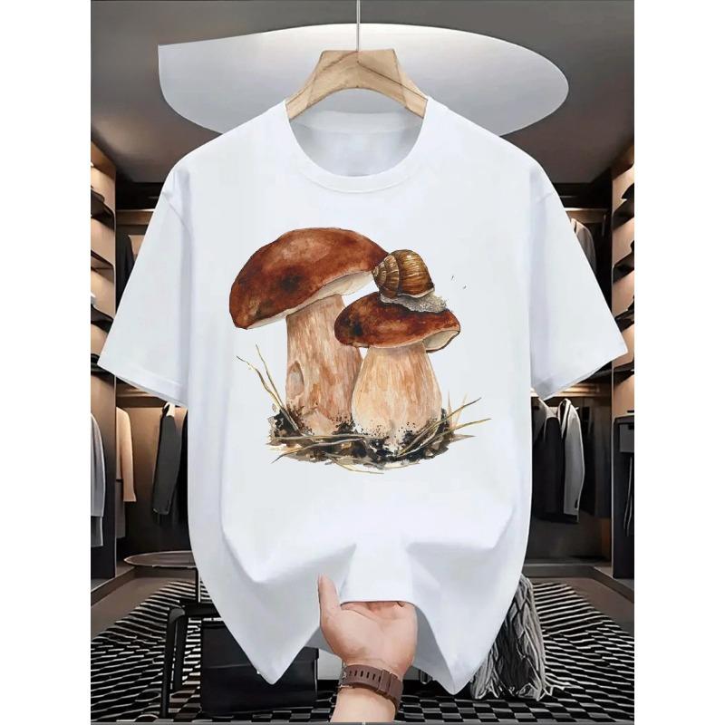 European Size 1 Men's Graphic T-Shirt, Soft and Breathable Short-Sleeve Tee, Mushroom and Snail Print Fashionable Crew Neck Casual Top