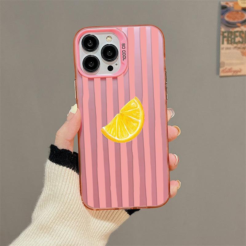 Laser Phone Case For iPhone 16 Pro Max 15 14 Plus Pro Max 11 12 13 Mini Pro Max Cover Red Striped Lemon Pattern Shockproof Shell