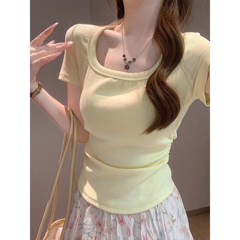 

Taro purple pinch waist square neck short-sleeved T-shirt for women s summer 2026 new slim-fit pleated Spice Girl short top for women s( 40-47.5kg ) жёлтый