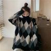 Women's Turtleneck Long Sleeve Sweater Oversized Loose Fit Argyle Color Block Knit Tunic Top Casual Winter Mid Length Pullover