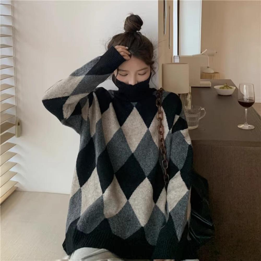 Women's Turtleneck Long Sleeve Sweater Oversized Loose Fit Argyle Color Block Knit Tunic Top Casual Winter Mid Length Pullover