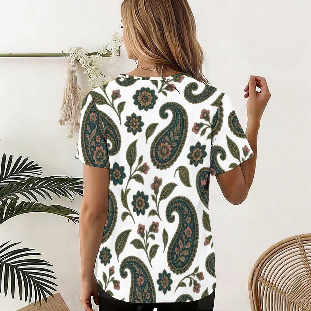 Women Plus Size U Neck Short Sleeve Printed T Shirt Geometric Pattern Navy Blue Curved Hem