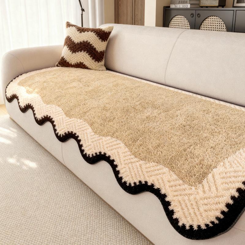 Retro Minimalist Style Sofa Cover Winter New Shaped Thickened Plush Sofa Cover Fixed Anti Slip Straight Row Sofa Sitting Cushion
