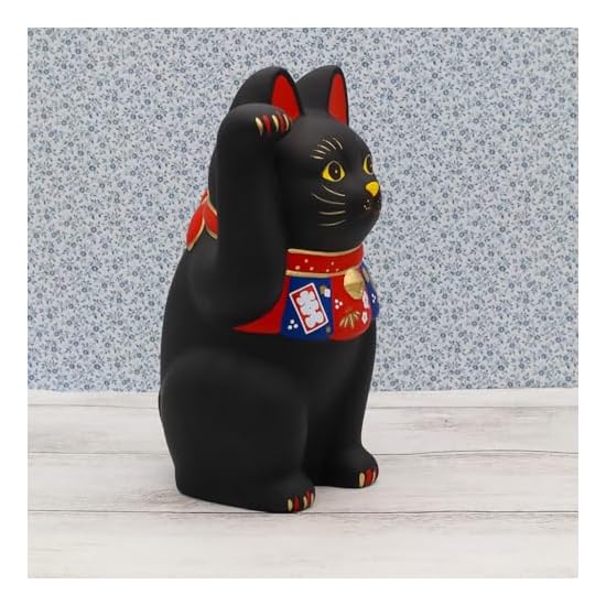 Yakushigama Maneki-neko (Lucky Cat) (Black, Large) Fukuzukushi (Includes Good Luck Sticker)