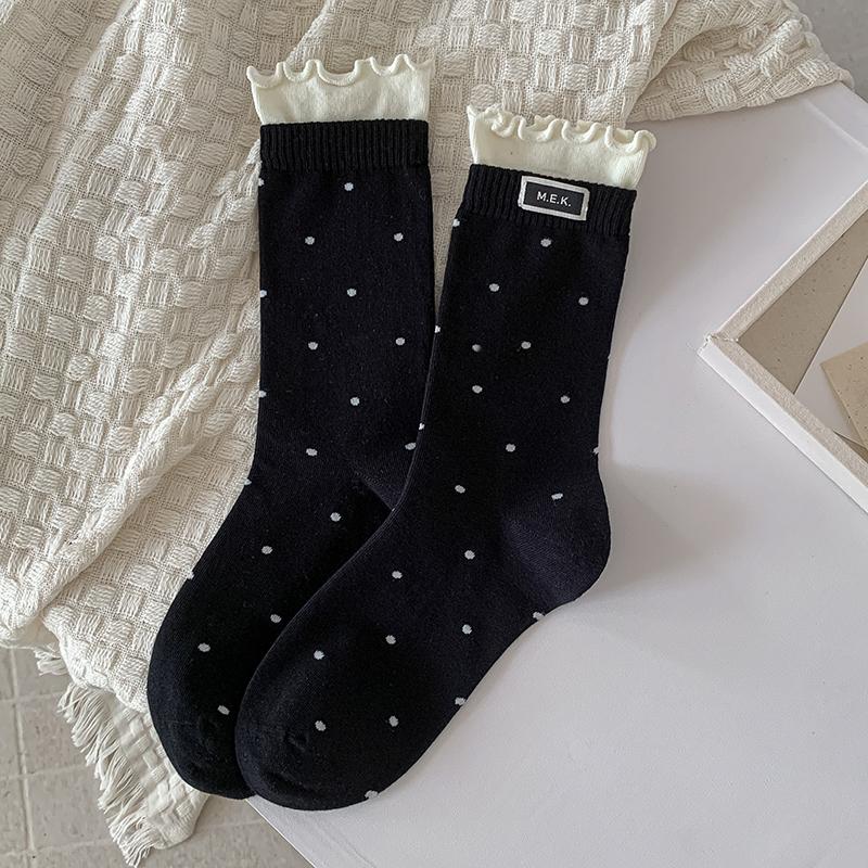 Womens Polka Dot Mid Crew Socks Ballet Style Delicate Lace Edging and Ruffle Trim Fashion Woven Label Simple Design Socks