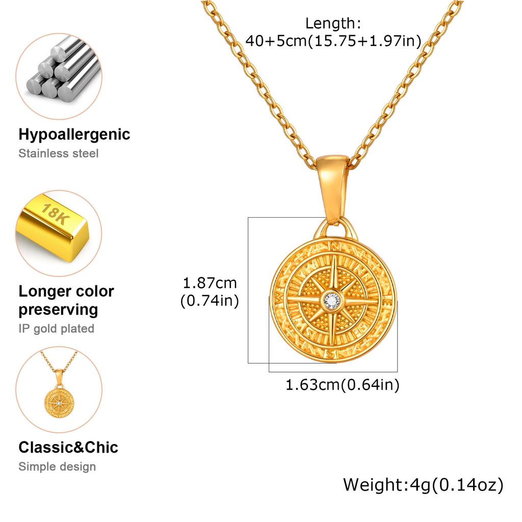 Vintage Classic Compass Pendant Necklaces for Women Men, Hip Hop Fashion Stainless Steel Jewelry Graduation Guide Gift