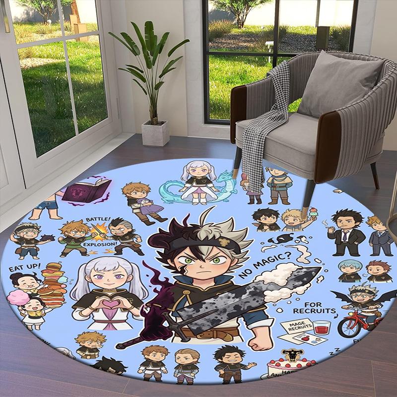 Black Clover Round Area Rug Carpet Rug For Living Room Bedroom Sofa Playroom Decor Nonslip Floor Mat