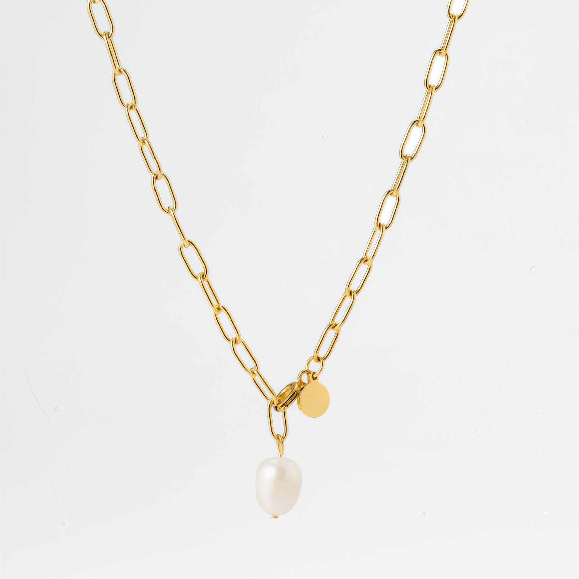 Ретро Титановая Сталь Жемчужное Ожерелье Золотая Прямоугольная Цепь Цепочка на Ключицы Женская Мода Простой Подвеска Цепочка для Свитера