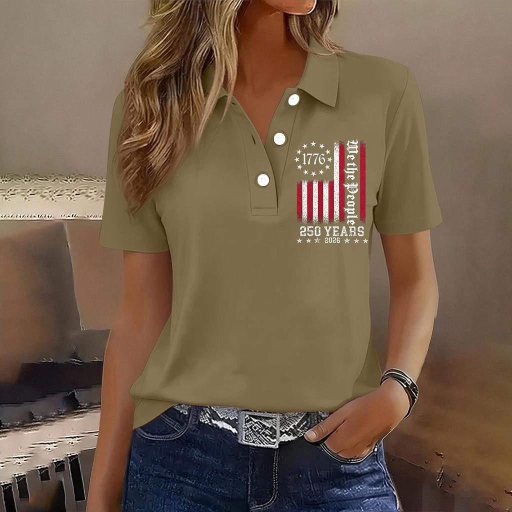 Damen Casual Knopf Kurzarm Poloshirt 250. Jubiläum Aufdruck Oberteil Unabhängigkeitstag Stil Leichtes Weiches Gewebe