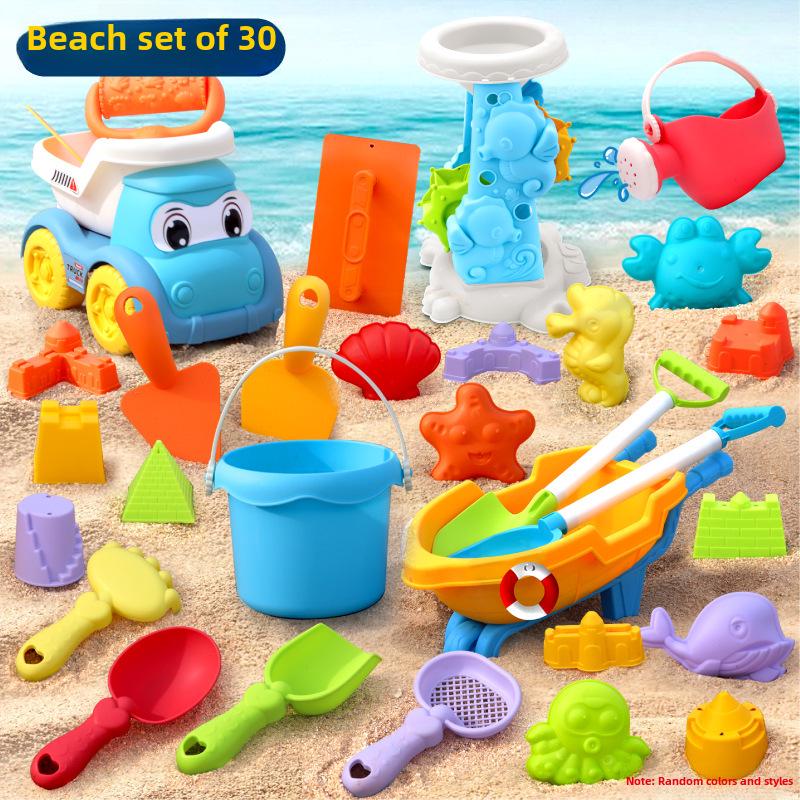 Kids' Beach Toy Set: Car, Bucket, Shovel, Hourglass, and Sand Tools for Water and Sand Play.