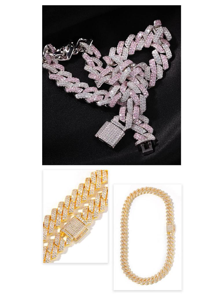 Vergoldete kubanische Halskette für Herren: 13mm Stangenförmig, Zirkonia Inlay, Europäischer & Amerikanischer Hip-Hop Stil