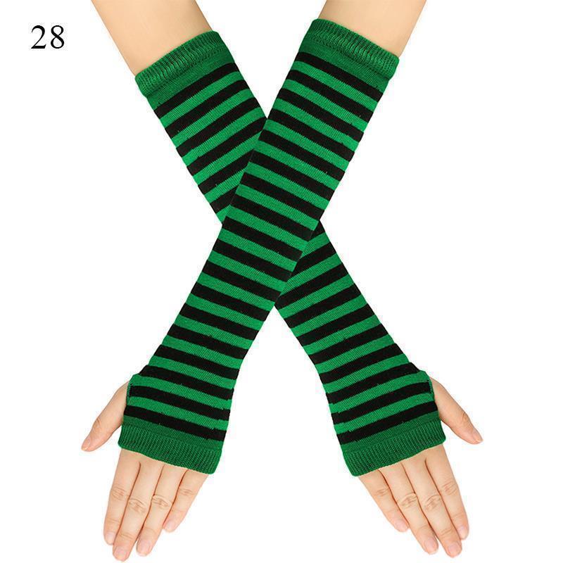 Striped Elbow Gloves Women Emo Gloves Winter Warm Long Sleeves Gloves Women Fingerless Stripe Hip-Hop Knitted Elbow Mittens