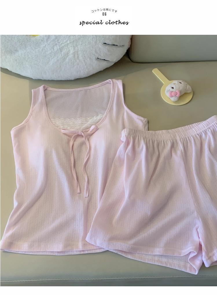 Women's Blue Sleeveless Pajama Shorts Set with Chest Pads, Summer Korean Style, Fresh Girly Design, Perfect for Home or Outdoors.