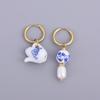 Vintage Geometric Natural Stones Ethnic Chinese Style Blue Flower Ceramic Heart Beads Stainless Steel Round Hoop Earrings