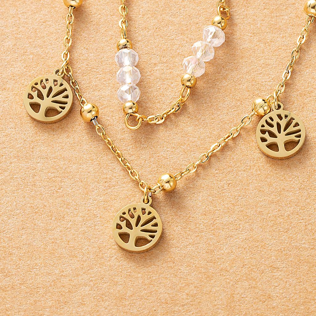 Pendentif Arbre de Vie Perles de Cristal Multicouches Acier Inoxydable Bijoux de Mode pour Femmes Cadeau Chaîne de Cheville Fête de Plage d'Été
