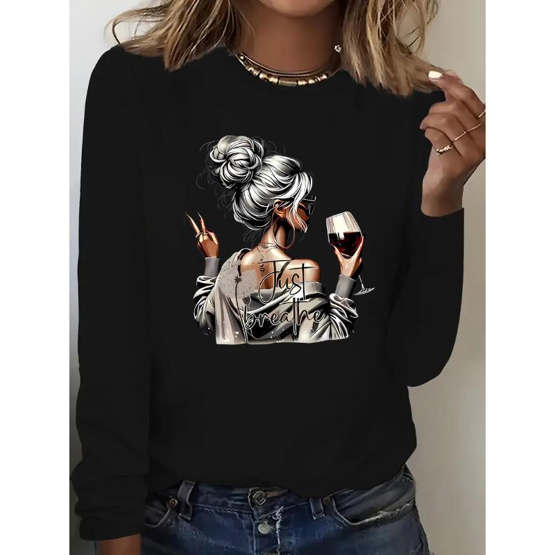 Street Style Wine Glass Printed Long Sleeved Shirt Retro Tshirt Unisexs and Womens Printed Tshirt Round Neck Top Tshirt Casual